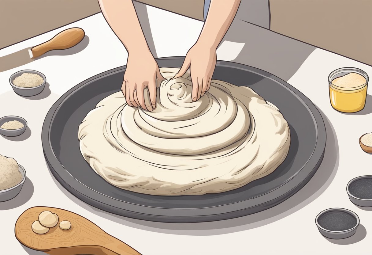 Dough is being kneaded on a floured surface, then stretched into a round shape. Ingredients are spread on top before baking