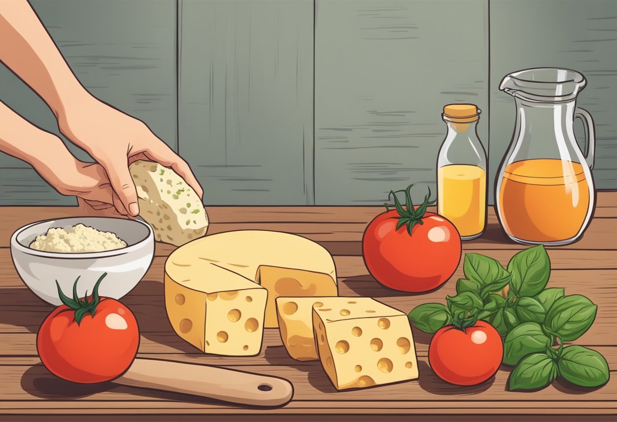 A hand reaching for tomatoes, cheese, and basil. Flour and yeast on a wooden surface. A rolling pin and a bowl of sauce