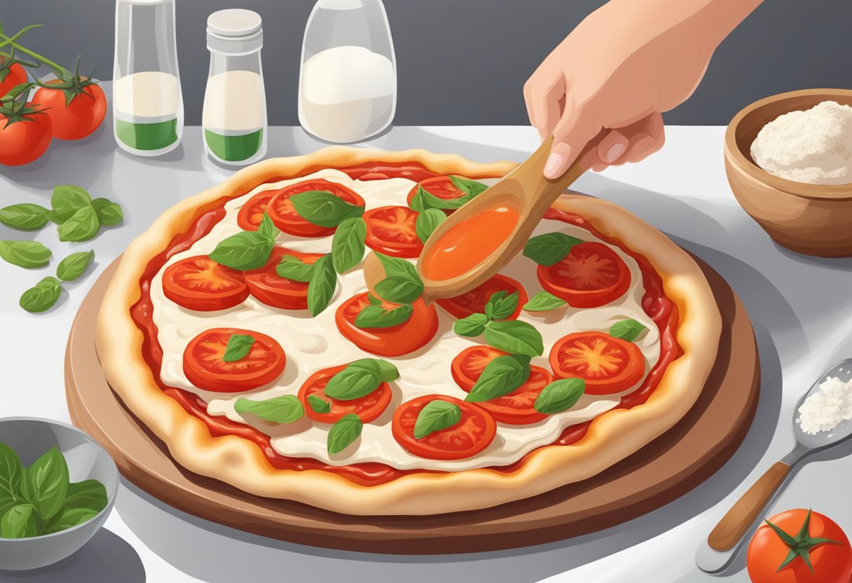 A hand pours tomato sauce onto a round pizza dough, spreading it evenly with a spoon