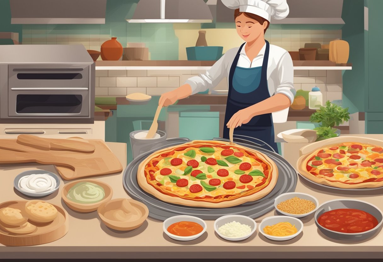 Ingredients arranged on a table, dough being rolled out, sauce and toppings being spread, pizza being placed in the oven