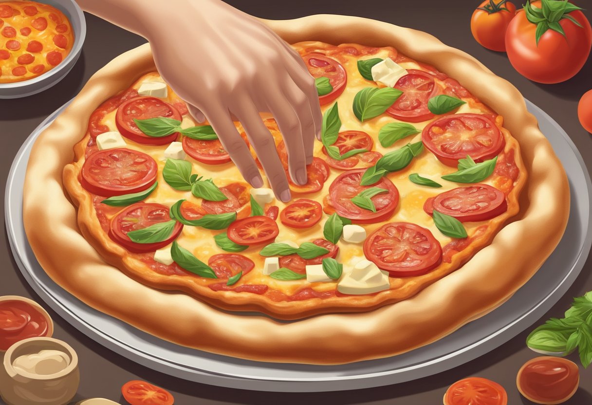 A hand spreads tomato sauce on a round dough. Cheese, pepperoni, and vegetables are arranged on top. The pizza is then placed in a hot oven