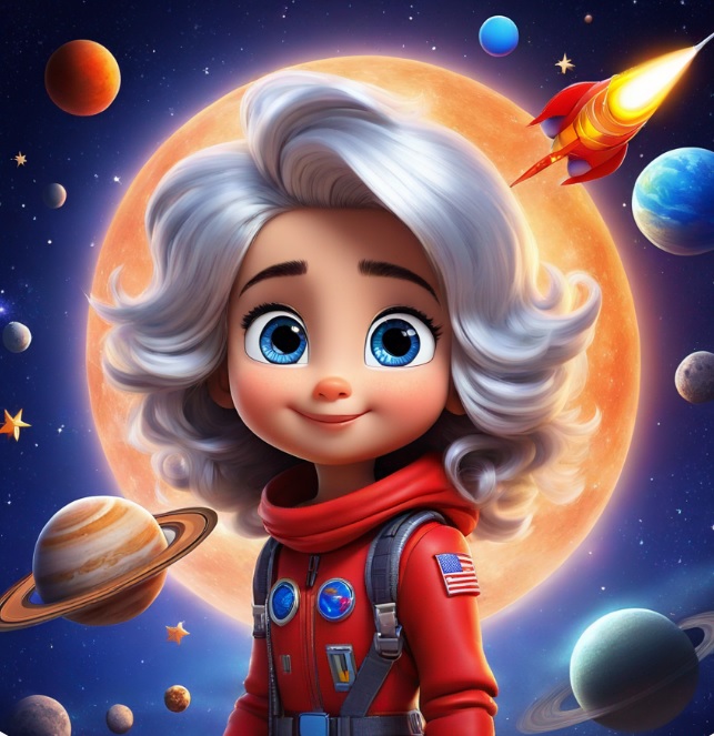 Luna, female, flying rocket, stars; Starry, gender-neutral, silver hair, blue eyes; Nova, female, red tail, space; Cosmo, male, rocky surface, space; planets, aliens, asteroids, Jupiter.